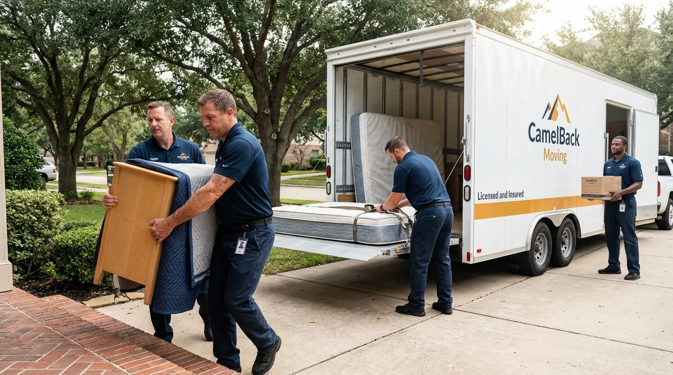Crew loading residential truck for cross-state move from Oakland, NE