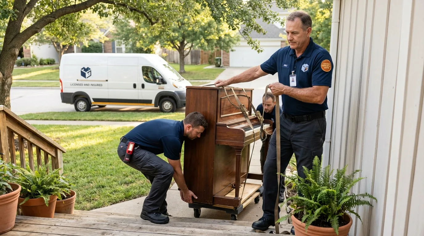 Licensed piano movers securing grand piano in Oakland, NE