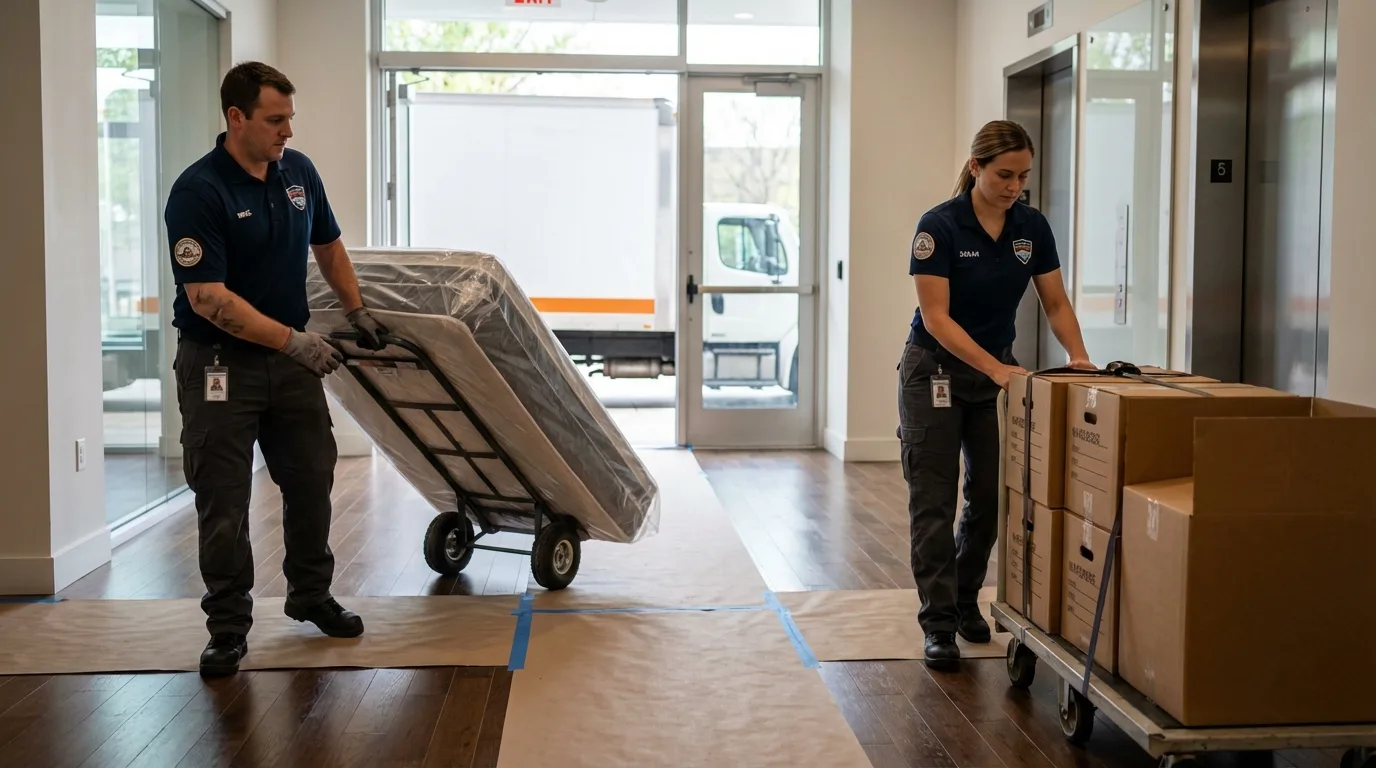 Professional apartment movers loading elevator in Oakland, NE